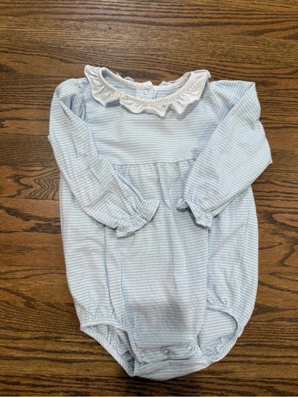 Trotter Kids Baby Blue Striped Long Sleeve Ruffle Collar Pima Cotton Bubble 18mo